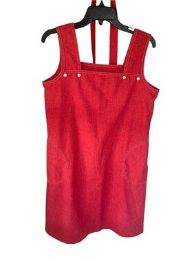 Vintage Red Jumper Dress W Belt White Contrast Top Stitching Pockets Summer M/L